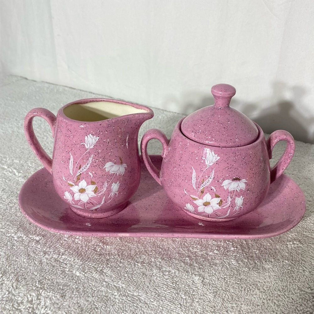 Vintage POM Canada Pink Floral Creamer and Sugar Set With Plate
